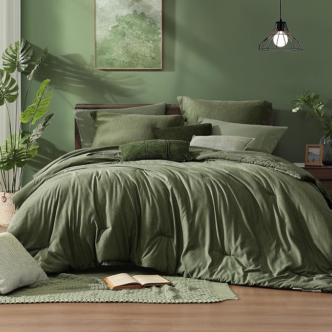 Monbix Full Size Comforter Set Olive Green 7 Pieces Bed in a Bag | Cationic Dyeing Reversible All Season Bedding Sets with Comforter, Sheets, Pillowcases & Shams