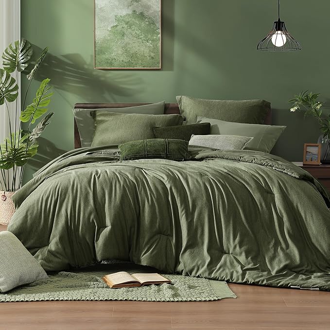 Monbix Super King Plus Comforter Set Olive Green 7 Pieces Bed in a Bag | Cationic Dyeing Reversible All Season Bedding Sets with Comforter, Sheets, Pillowcases & Shams