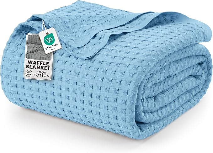Utopia Bedding 100% Cotton Waffle Blanket Twin Size Sky Blue, 90x72 Inch | Lightweight Breathable Cozy Summer Bed Blanket Home Decor Gift for Women and Men