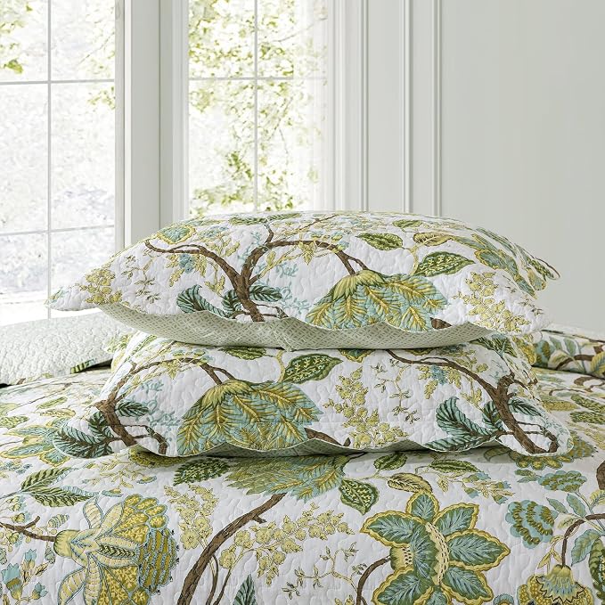 Cotton Bedspread Quilt Sets - Reversible Patchwork Coverlet Set, Floral Vine Pattern, King Size