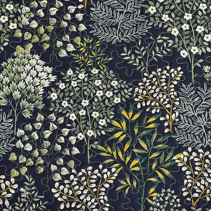 WONGS BEDDING Floral Quilt Set King, 3 Pcs Navy Blue Bedspread Coverlet | Botanical Print Quilt Set for Spring Summer, Lightweight Microfiber Farmhouse Quilted Bed Cover for Guest Room 110"×90"