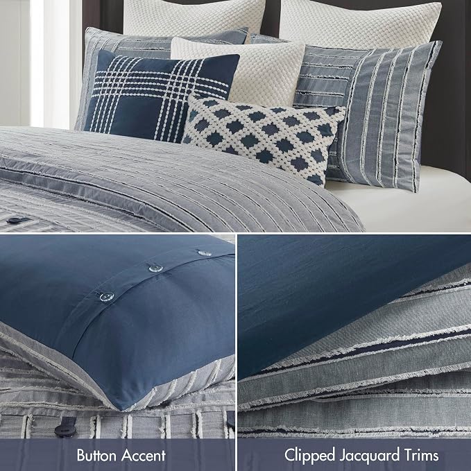 Madison Park Farmhouse Queen Cotton Comforter Set with Removable Cover, 8pc | Clipped Jacquard Stripes with Buttons Bedding Set, Boho, Oversized, Easy Care, Breathable, Cozy, All Season, Ultra Soft