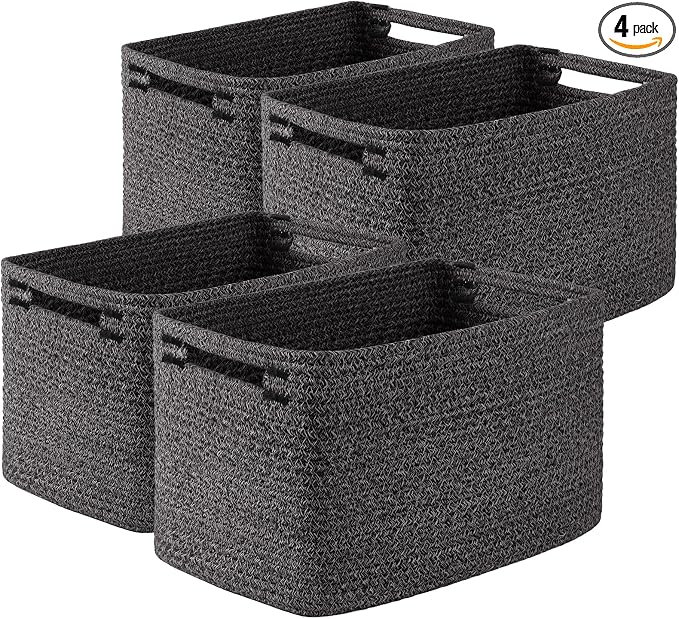 OIASKET 4Packs Natural Cotton Rope Storage Baskets for Organizing Toys, Clothes, Towels & Books, Soft Versatile Organizers for Shelves, Home Decorative Bins, 13''Lx9''Wx7.8''H, Black and White