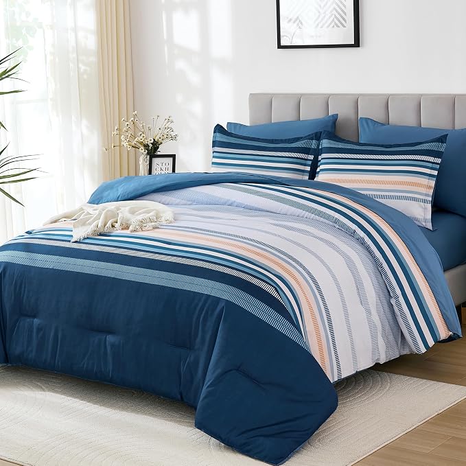 Dobuyly Blue Queen Comforter Set 7 Pieces, Boho Striped Bed in a Bag Queen Size Soft Microfiber All Season Bedding Set with Comforter, Sheets, Pillowcases & Shams