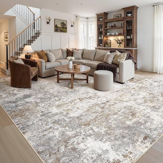 UERMEI 12x15 Area Rug Living Room Rugs Extra Large Brown Grey Carpet | Washable Neutral Modern Abstract Non-Slip Soft Low Pile Floor Rugs for Bedroom Dining Room Home Office Indoor Decor