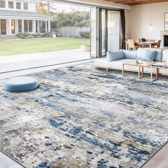 pmtsns Area Rugs 10x14 Living Room: Washable Rug Modern Abstract Neutral Soft Non-Slip Low-Pile Indoor Large Carpet for Bedroom Dining Room Playroom Home Office (Blue Grey Brown, 10'x14')