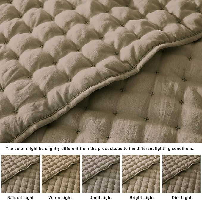 WDCOZY Queen Size Quilts Bedding Sets with 2 Pillow Shams, Lightweight Soft Bedspread Coverlet, Quilted Blanket Thin Comforter Bed Cover for All Season, 3 Pieces, 90x90 inches, Taupe