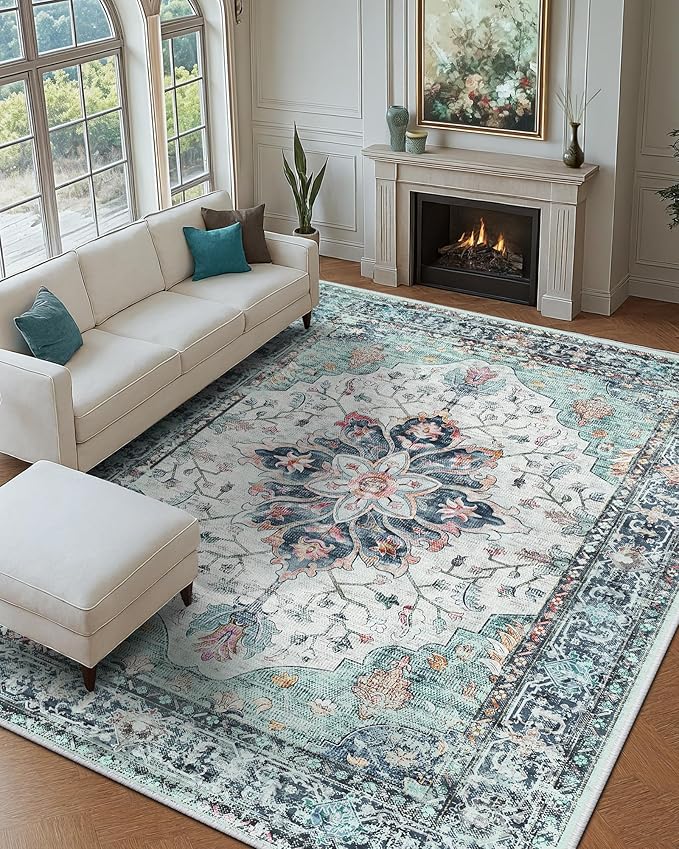RELEANY Washable Area Rug, Large 9'x12', Teal Green/White/Navy | Non-Slip, Water Repellent, Pet Friendly, Easy to Clean, Vintage Floral Boho Decor for Living Room Bedroom Dining Room