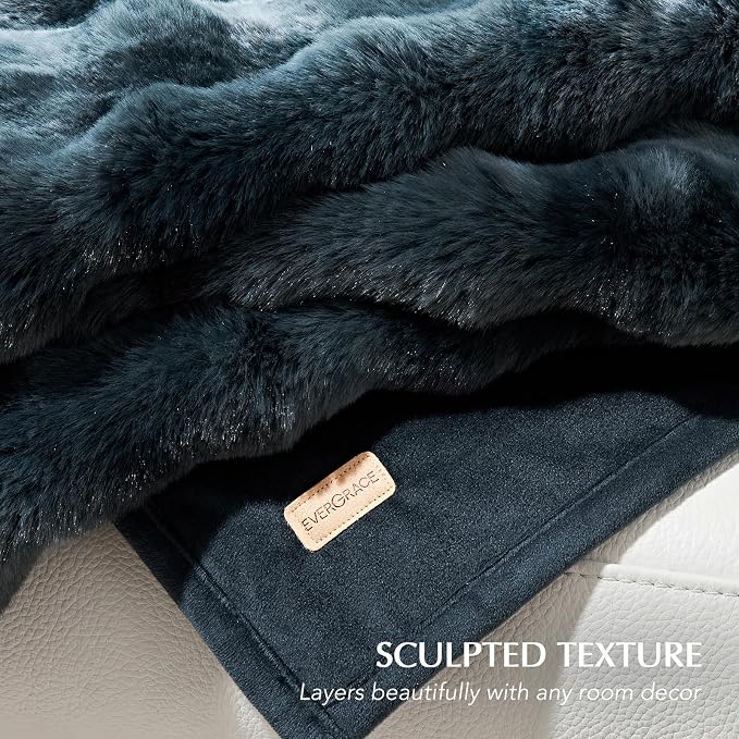 EverGrace Faux Rabbit Fur Bubble Throw Blanket, 50"x60", Marble Deep Indigo | Ultra Soft, Luxury Faux Rabbit Fur Throw, Thick Warm Bubble Blanket, Cozy Fluffy Reversible, for Bed, Couch, Chair, Sofa