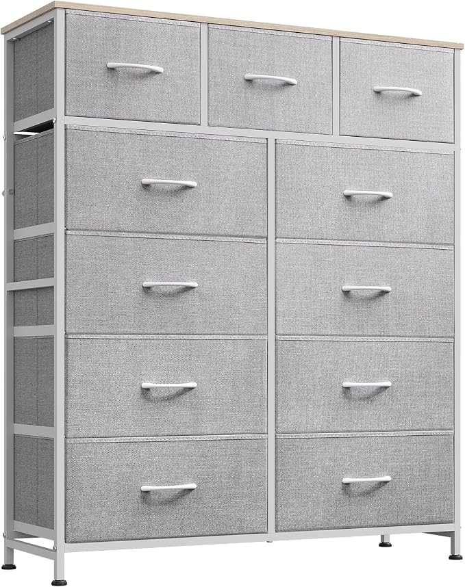 WLIVE Tall Dresser for Bedroom, 11 Drawer Chest of Drawers, Light Grey | 11 fabric storage drawers, Tall high-capacity design, Bedroom or dorm use, Sturdy steel frame, Smooth wood tabletop