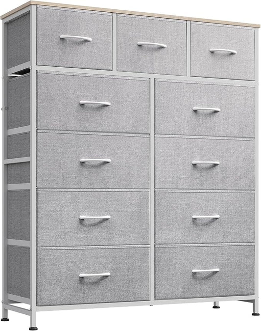 WLIVE Tall Dresser for Bedroom, 11 Drawer Chest of Drawers, Light Grey | 11 fabric storage drawers, Tall high-capacity design, Bedroom or dorm use, Sturdy steel frame, Smooth wood tabletop