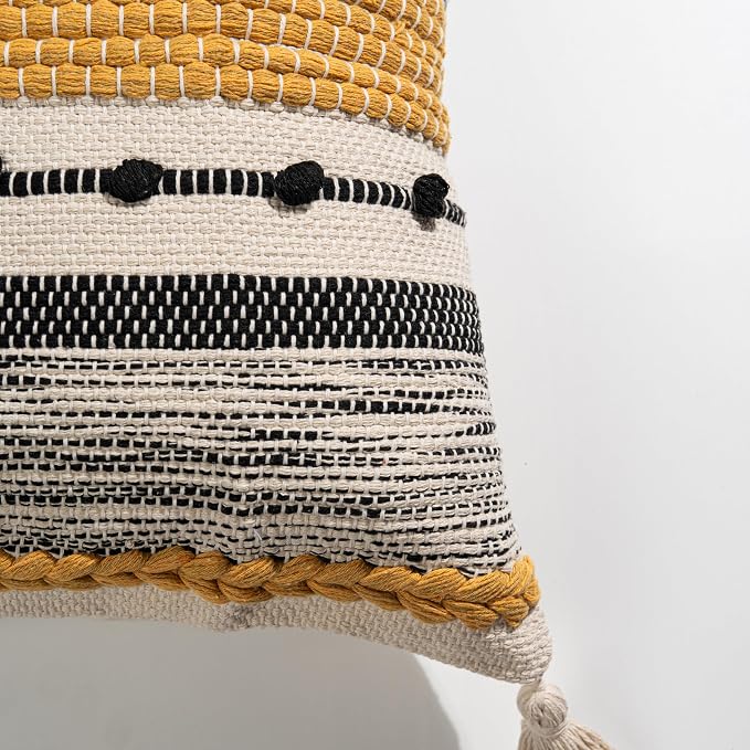 Boho Decorative Throw Pillow Cover 22x22 Square Yellow Mustard Accent Pillowcase Tassels Farmhouse Cushion for Couch Sofa Bedroom Living Room Home Décor Cover ONLY (Pack of 1)