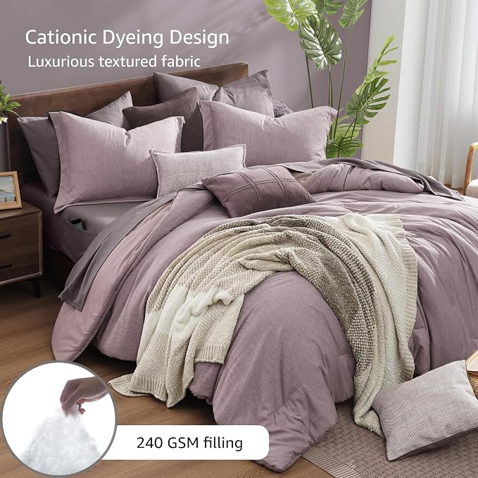 Monbix Full Size Comforter Set 7 Pieces Lilac Cationic Dyeing Bed in a Bag | Lightweight Reversible All Season Bedding Sets with Comforter, Sheets, Pillowcases & Shams