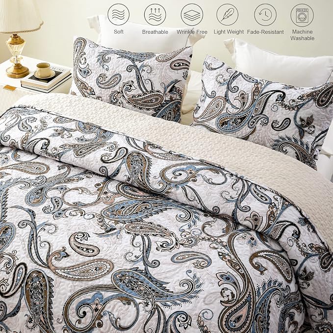Whale Flotilla Patchwork Quilt King Size, Extra Soft Boho Paisley Bedspread | Reversible Lightweight King Quilt Bedding Set for Bed, Bone Grey Printed Coverlets with 2 Pillow Shams for All Seasons