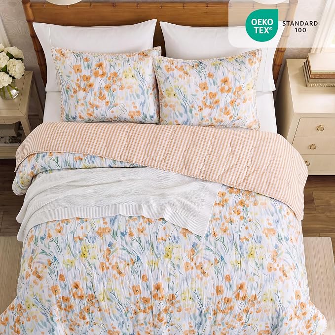 BLOOMHAVEN Queen Quilt Set-3 Pieces Soft Bedding Floral Reversible Coverlet | All Seasons Lightweight Quilts Queen Size for Bed, Breathable Vintage Bedspread with Shams, Orange Floral