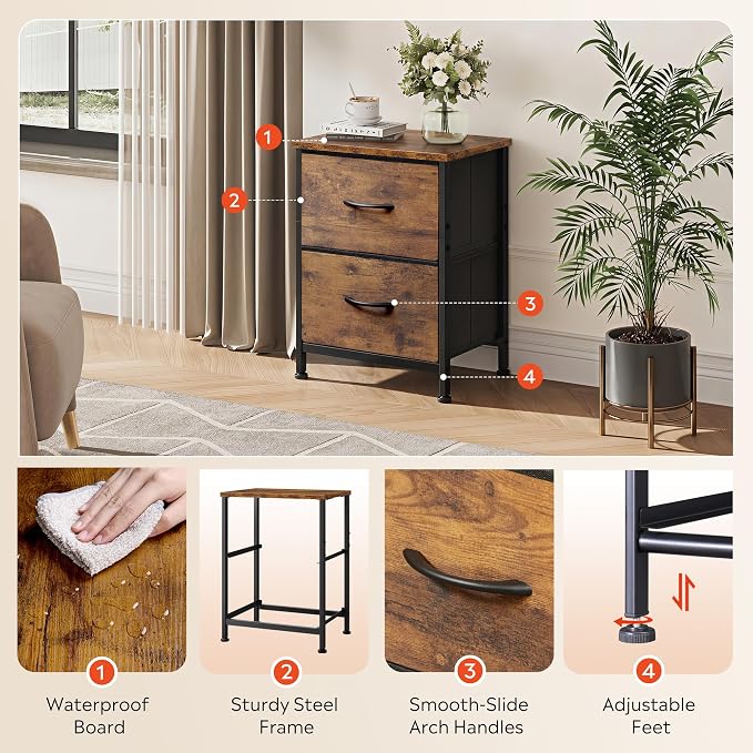 WLIVE Night Stand, Small Dresser with 2 Drawers & Wooden Top, Nightstand with Fabric Bins, Bedside Table End Table for Bedroom, Closet, Entryway, College Dorm, Rustic Brown | Nightstand with Fabric Bins, Bedside Table End Table for Bedroom, Kids Room
