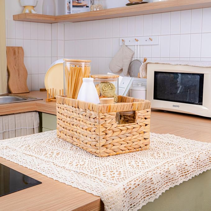 M4DECOR Set of 6 Rectangular Wicker Storage Baskets for Shelves | Water Hyacinth Storage Baskets, Pantry Baskets for Organizing, Handwoven Wicker Baskets for Storage
