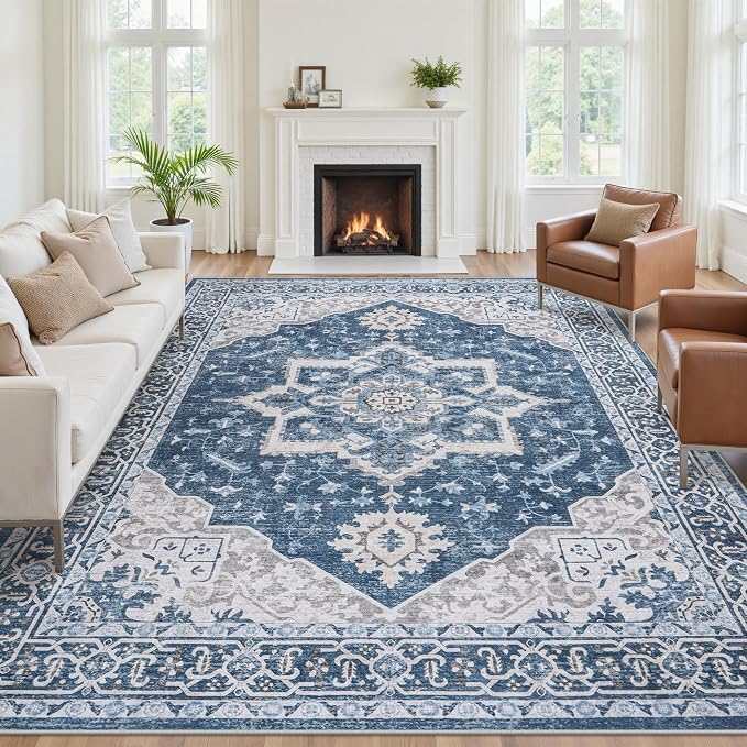 9x12 Washable Area Rugs for Living Room Blue Non-Slip Rug | Vintage Medallion Rug，Soft Low Pile Large Rugs，Indoor Retro Carpet for Bedroom Nursery Dining Table Farmhouse Home Office