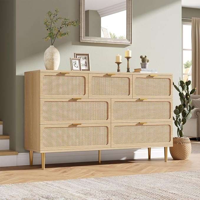 GarveeHome Rattan 7 Drawer Dressers for Bedroom, Deep Drawer, Natural | Tall Dresser, Wide Top, for Living Room, Hallway, Kids Room, Large Chest of Drawers for Closet, Long Wooden Dresser