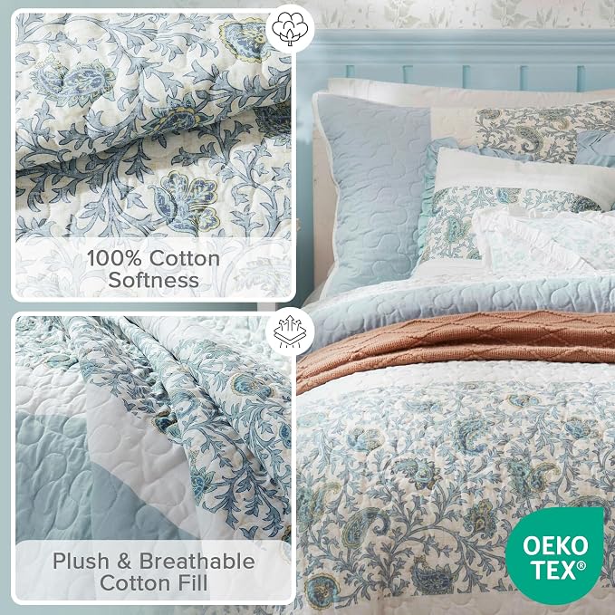 Madison Park Shabby Chic Cotton Quilt Set, 6PC King/Cal King Coverlet | Double-Sided Stitching Floral Design, All Season, with Shams, Bed Skirt, Decorative Pillows, Lightweight, Aqua