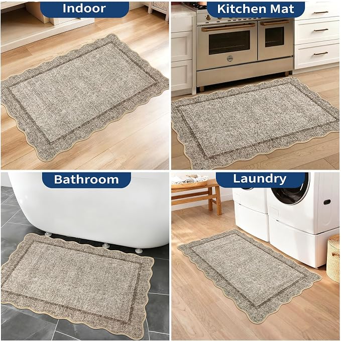 GarveeHome Small Area Rug 2x3 Scalloped Entry Rug Washable, Brown | Modern Kitchen Rugs Solid Bedroom Doormat Non Slip Stain Resistant Bordered Throw Carpet for Living Room Nursery Laundry