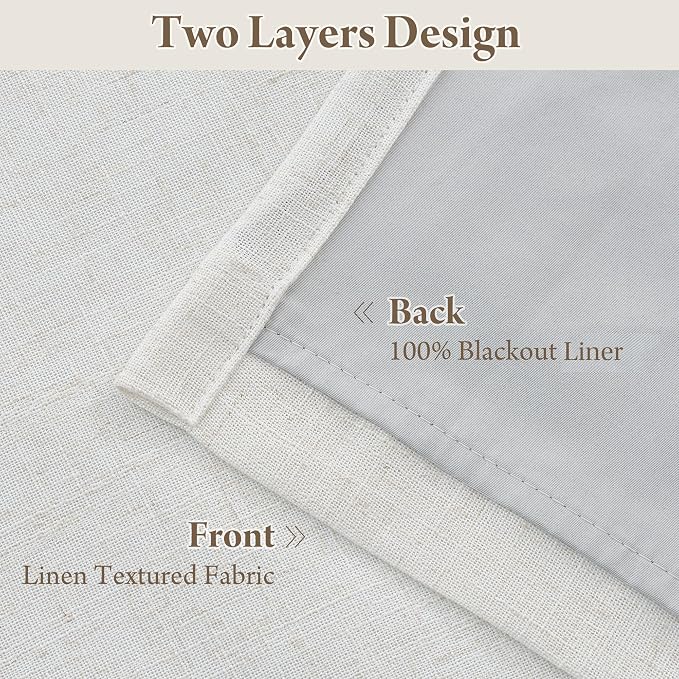 RYB HOME Linen Blackout Curtains 96 inches Long, 100% Blackout Noise Reducing Thermal Insulated Natural Textured Curtains for Farmhouse Dining Room, Cream White, 40" W x L96 L, 2 Panels Set