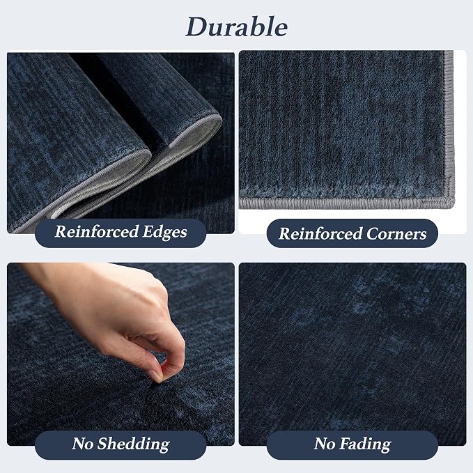 3x5 Washable Area Rug, Navy Blue Solid Area Rugs for Living Room & Bedroom | Stain-resistant & Non-slip backing,Low Pile Washable Large Carpet, Solid Vintage Style For High Traffic Areas(3x5,Navy Blue)