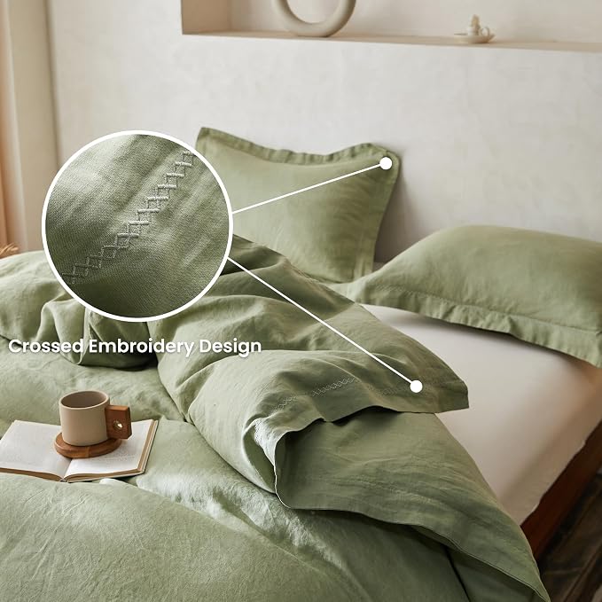 Simple&Opulence 100% Linen Duvet Cover Set with Crossed Embroidery Washed - 3 Pieces (1 Duvet Cover with 2 Pillow Shams) Soft Breathable Farmhouse - Sage Green, Queen Size