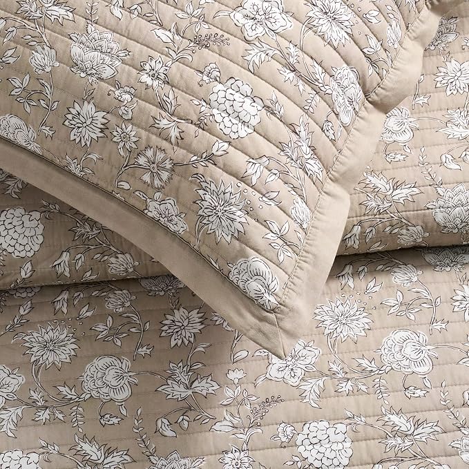 EverGrace 100% Cotton Floral Quilt Set, King Size, Sandstone Beige 108"×96" | Reversible Lightweight Bedspread Coverlet, Vintage Floral Farmhouse Bedding, Traditional Botanical Quilt with 2 Pillow Shams