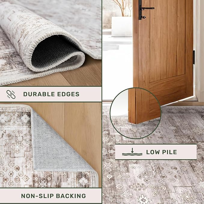 Beige Washable 2'6"x8' Wide Hallway Runners, Kitchen Runner Rug, Non-Slip & Stain Resistant Long Floor Rug, Neutral Boho Floral Decor (2'6"x8' Beige/Latte)