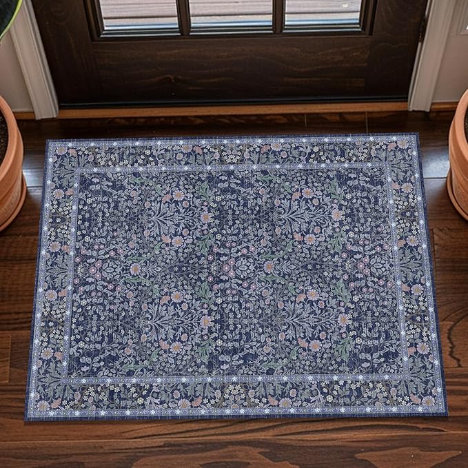 2x3 Area Rug Washable Entry Rug, Vintage Floral Thin Rug for Kitchen, Non-Slip Bathroom Small Rugs, Front Door Throw Rugs Indoor, Boho Entryway Decor (2x3 Blue)
