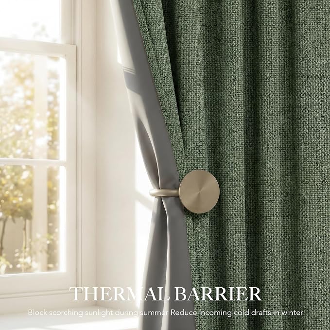 RYB HOME Olive Green 100% Blackout Linen Curtains 84 Inch Long for Office | Luxury Thermal Insulated Room Darkening Back Tab Rod Pocket,for Living Room Bedroom Sliding Doors Dining,W52 x L84,2 Panels