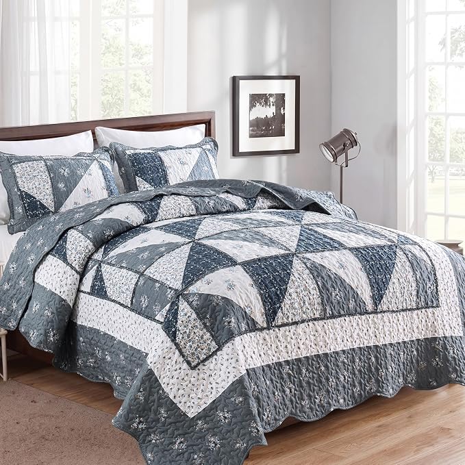 Full/Queen Size Quilt Set Grey Floral Patchwork Bedspreads Bedding Set | VIVILINEN 3-Piece Reversible Floral Coverlet Set Lightweight Comforter Queen Bed Sheet Set Cover Blanket with 2 Pillow Shams