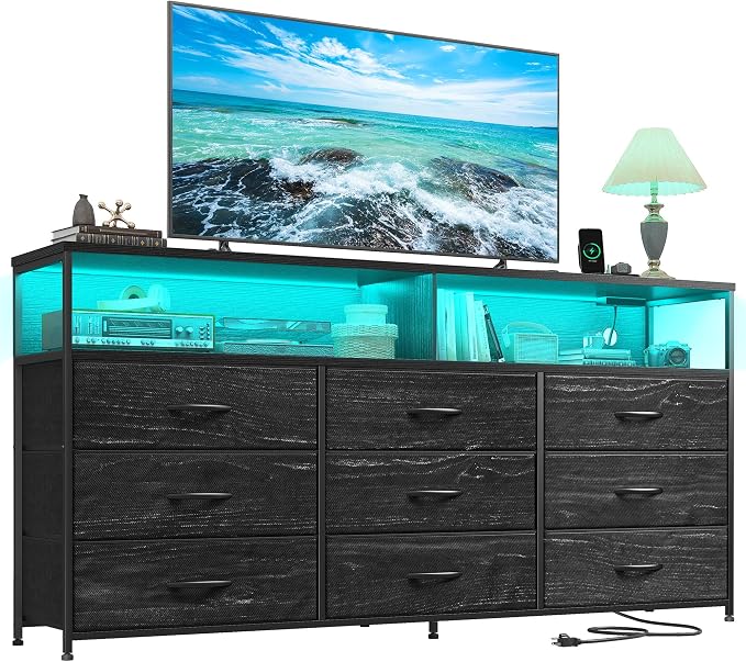 55" W Dresser for Bedroom with 9 Drawers LED, Power Outlets Fits 65" TV | TV Stand for 45, 55, 65 Inch TV Sturdy Long Chest of Drawers with Extra 2 Wooden Shelves Steel Frame Grain Black