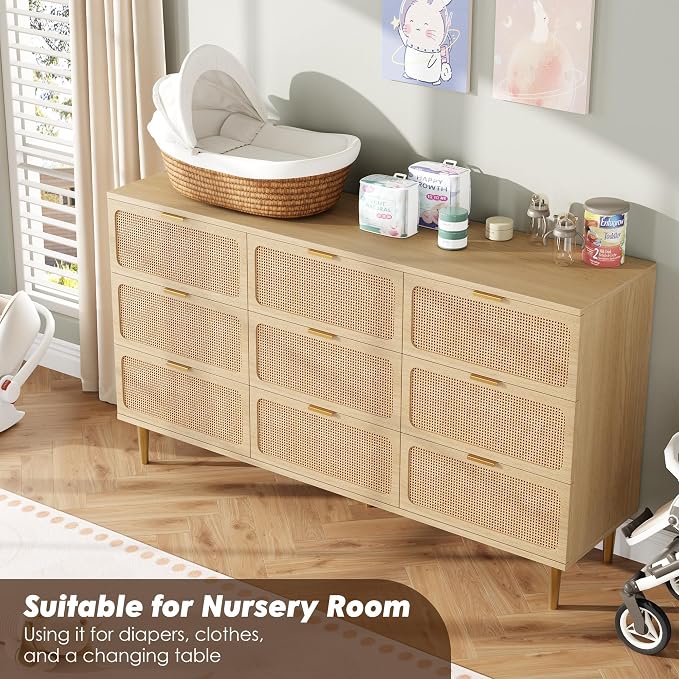 GarveeHome Rattan 9 Drawer Dressers for Bedroom, Deep Drawer, Natural | Tall Dresser, Wide Top, for Living Room, Hallway, Kids Room, Large Chest of Drawers for Closet, Long Wooden Dresser