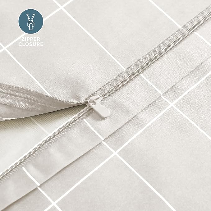 Bare Home Duvet Cover Set 1800 Ultra-Soft (Queen, Grid – Stone/White) | Lightweight, Cooling, Breathable, Premium 1800 Ultra-Soft, All-Season