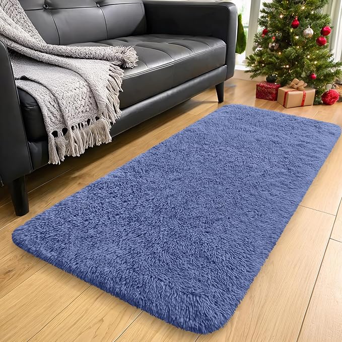 OLANLY 2x8 Machine Washable Runner Rugs for Hallway, Soft Fluffy Shaggy Bedside Rugs for Bedroom, Living Room, Indoor Floor Carpet for Kids Girls and Boys, Home Decor Aesthetic, Denim Blue