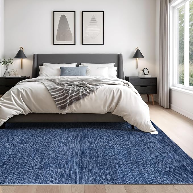 8x10 Area Rugs for Living Room, Large Washable Rug Non Slip Navy | Soft Low Pile, Thin & Lighweight Carpet, Folable Stain Resistant Modern Indoor Floor Mat for Bedroom, Dining Room, Home Decor