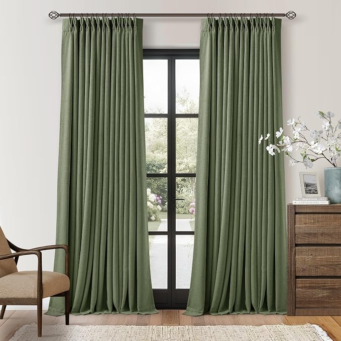 102 Inch Olive Green Linen Pinch Pleated Black Out Curtains with Liner | 100% Blackout, Pinch Pleat with Hooks Rings, Thick Linen Textured, Memory Trained, Bedroom Living Room Window Curtains