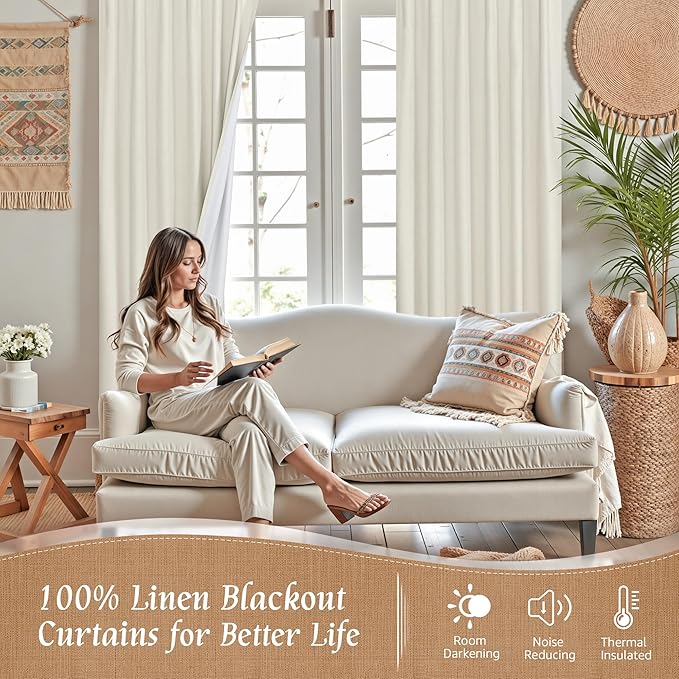 Natural 100% Blackout Linen Curtains 78 Inches, 52 x 78 Inch | Ivory, Thermal Insulated, Curtains for Bedroom, Farmhouse, Rod Pocket Back Tab, Neutral Drapes with White Liner, 2 Panels