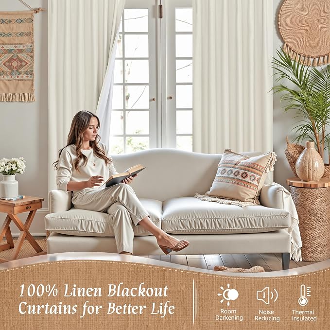 100% Blackout Short Linen Curtains 48 Inch Length for Kitchen, Ivory | Linen Textured, Thermal Privacy Curtains, Small Window Panels, Rod Pocket Back Tab, White Liner, 2 Panels, 42 x 48 Inch