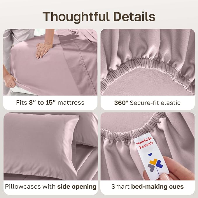 California Design Den 100% Cotton Sateen Split King Bed Sheet Set, 5 Pcs | 500 Thread Count with Good Housekeeping Seal, Split King Sheets Sets for Adj. Bed with 2 Sep. Twin-XL Mattresses - Soft Rose