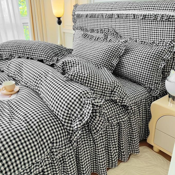 LifeTB Twin XL Comforter Set Black Gingham Comforter with 2 Pillowcases Vintage Ruffle Plaid Comforter Set Grid Bedding Checkered Pattern Comforter Fluffy Soft Plaid Gingham Bedding Set Twin XL
