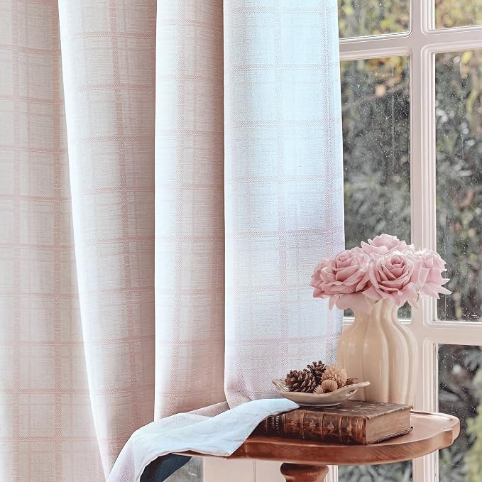 Beauoop Pink Plaid Jacquard Blackout Curtains for Bedroom 52x72 2 Panels | Gingham Checkered Room Darkening Drapes for Living Room 72 Inch Long Thermal Insulated Soundproof Window treatment Grommet