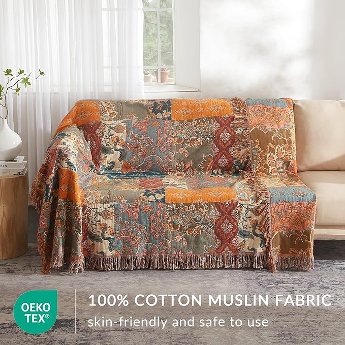 Boho Throw Blanket for Couch Sofa Bed, 100% Cotton Woven Quilt with Tassel 90”x98”, Super Soft Muslin Blanket with Floral Printed, Decorative Reversible Bed Blanket/Cover for All Seasons