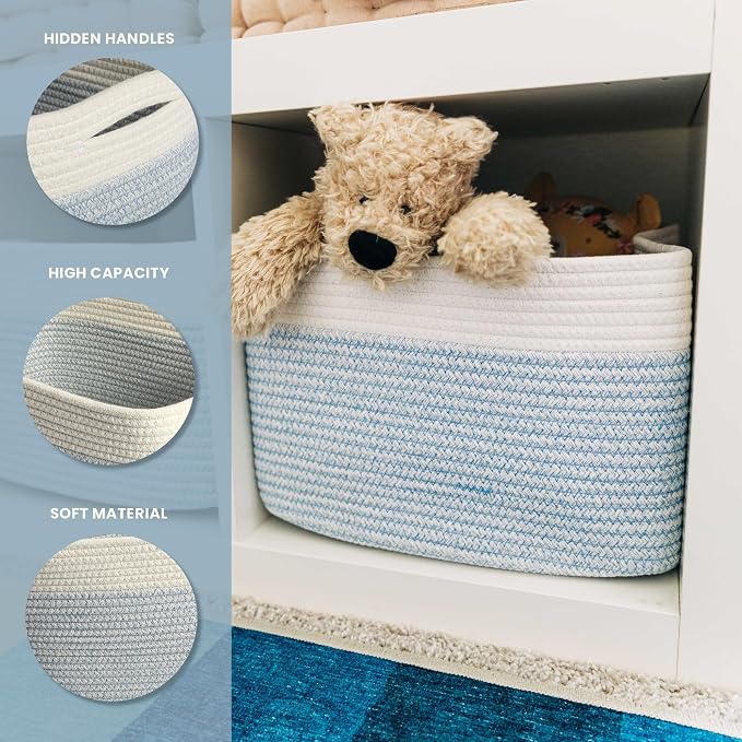 OrganiHaus Cotton Rope Baskets for Shelves, Set of 3, 15x9x10 | Handwoven; a toy bin and organizer for towels, books, or blankets; fits nursery, playroom, or bedroom decor