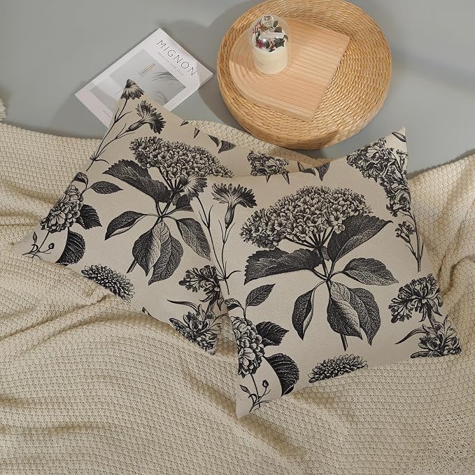 Black Pillow Covers 24x24 Inch 2 Pcs Boho Vintage Floral Decor Throw Pillows Hydrangea Flower Seasonal Outdoor Farmhouse Neutral Accent Decoration Pillowcase Linen Cushion Cover for Couch