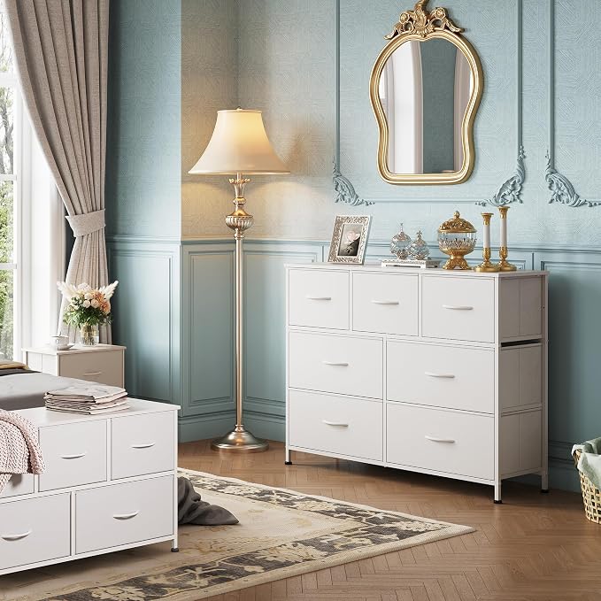 WLIVE Dresser for Bedroom, 7 Drawers, TV Stand, White | 7 roomy fabric drawers, Fits TVs up to 45 inch, Bedroom or living room, Wide storage design, Chest of drawers