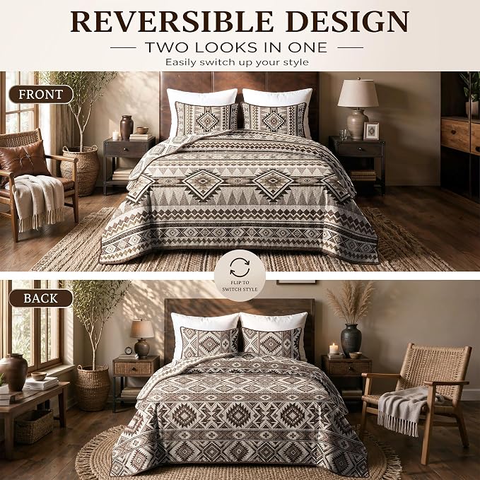 akkialla Reversible Brown Boho King/Cal King Quilt Set, 2-Piece Bohemian Aztec Microfiber Bedspread, Soft Lightweight All-Season Coverlet (1 Quilt, 2 Shams)
