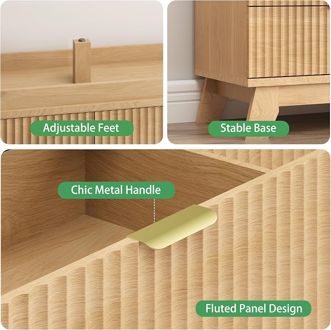 Fluted Dresser for Bedroom with 10 Drawers, 48" Wide Modern Chest of Drawers with Metal Handle, Wooden Dresser TV Stand, Wood Closet Clothes Storage Organizer for Living Room, Hallway, Natural Oak